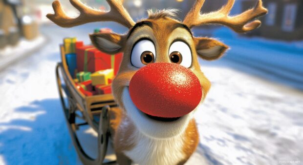 A cartoon reindeer with a red nose, pulling a sleigh filled with presents, Preppy Christmas Wallpaper HD.