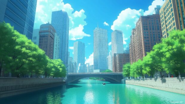 A cartoon style anime city HD wallpaper with basic building outlines and a serene sky.