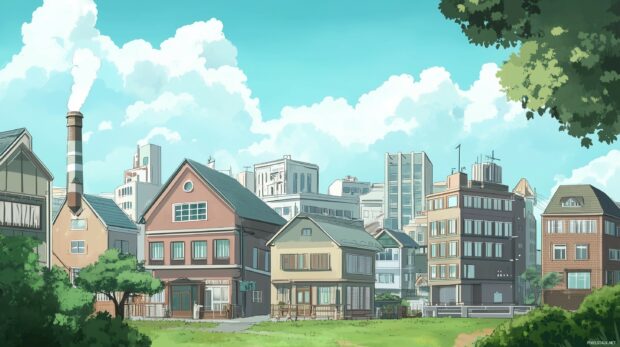 A cartoonish anime city with oversized buildings and a whimsical, minimal background.