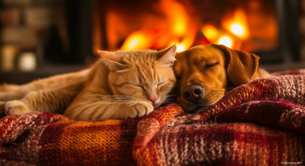 A cat and dog cuddling together on a warm blanket by the fireplace.