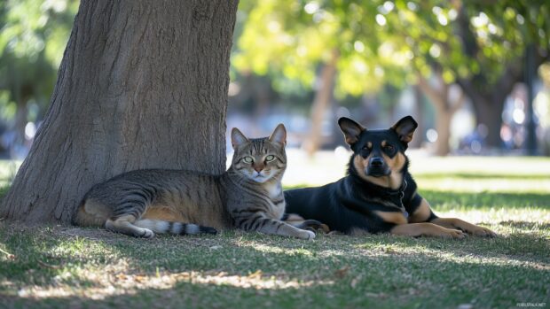 A cat and dog lying side by side under a tree in a sunny park.