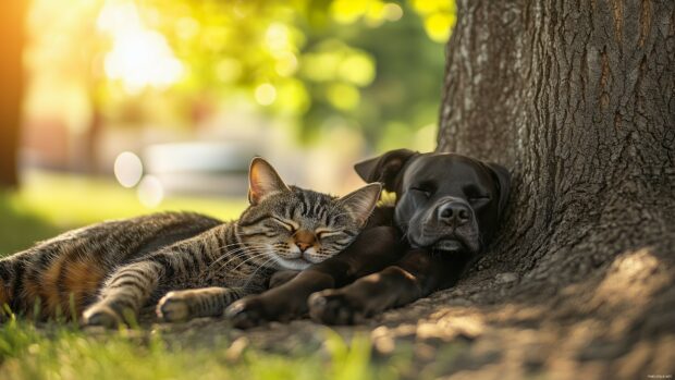 A cat and dog lying side by side under a tree in a sunny park.