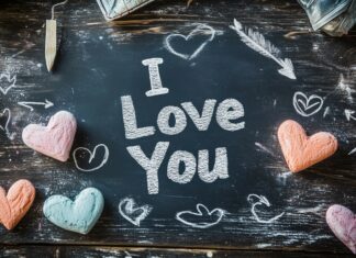 A chalkboard with I Love You written in white chalk, surrounded by doodles of hearts and arrows, creating a playful and charming message of love (2).