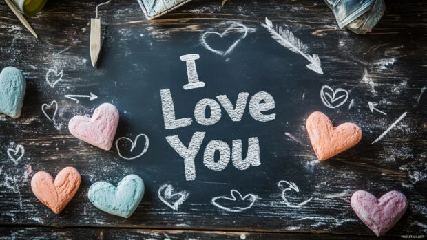 A chalkboard with I Love You written in white chalk, surrounded by doodles of hearts and arrows, creating a playful and charming message of love (2).