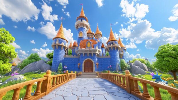 A charming 3D fantasy castle with turrets, drawbridges, and little dragons.