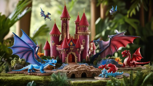 A charming 3D fantasy castle with turrets, drawbridges, and little dragons, creating a fairy tale kingdom vibe that’s perfect for young imaginations.