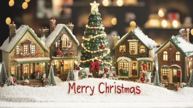 A charming Christmas village 4K wallpaper with decorated houses, a central Christmas tree.