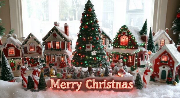 A charming Christmas village scene with decorated houses, Laptop wallpaper.