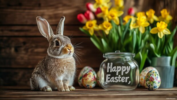 A charming Easter bunny sitting next to the words Happy Easter.