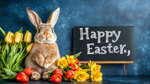 A charming Easter bunny sitting next to the words Happy Easter, with a backdrop of bright tulips and daffodils in bloom.