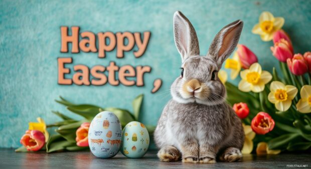 A charming Easter bunny sitting next to the words Happy Easter, with a backdrop of bright tulips and daffodils in bloom.