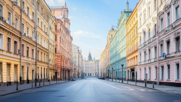 A charming cityscape at dawn with pastel colored buildings, soft morning light, and quiet streets.