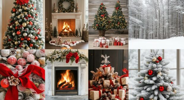 A charming collage that combines classic Christmas scenes, including cozy fireplaces, snowy landscapes, and decorated trees.