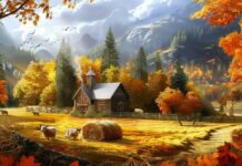 A charming farmhouse surrounded by fall trees with a haystack and farm animals.