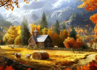 A charming farmhouse surrounded by fall trees with a haystack and farm animals.