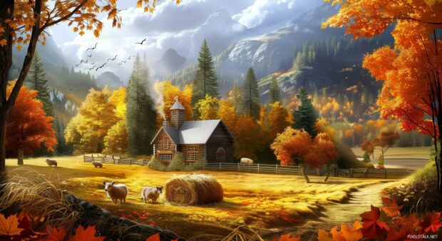 A charming farmhouse surrounded by fall trees with a haystack and farm animals.