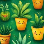 A charming green wallpaper with whimsical illustrations of smiling plants and tiny creatures.