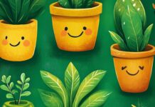 A charming green wallpaper with whimsical illustrations of smiling plants and tiny creatures.