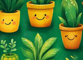 A charming green wallpaper with whimsical illustrations of smiling plants and tiny creatures.