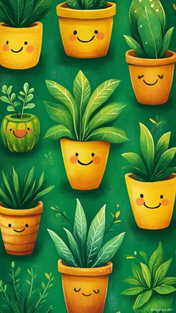 A charming green wallpaper with whimsical illustrations of smiling plants and tiny creatures.