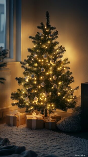 A charming holiday light with a small, decorated Christmas tree and presents arranged under it.