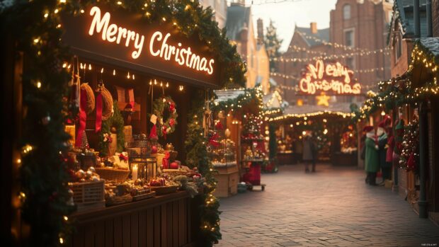 A charming holiday market scene with stalls selling ornaments, wreaths, and gifts.