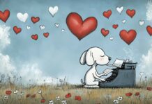 A charming image of Snoopy writing a love letter at his typewriter, surrounded by hearts and flowers, with a dreamy expression as he pens sweet words.