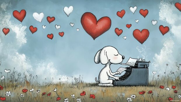 A charming image of Snoopy writing a love letter at his typewriter, surrounded by hearts and flowers, with a dreamy expression as he pens sweet words.