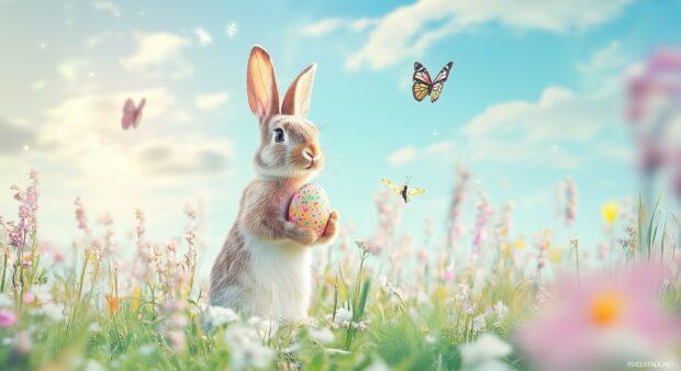 A charming scene of a bunny holding an Easter egg.