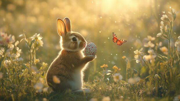 A charming scene of a bunny holding an Easter egg, surrounded by blooming flowers and butterflies, in a field.