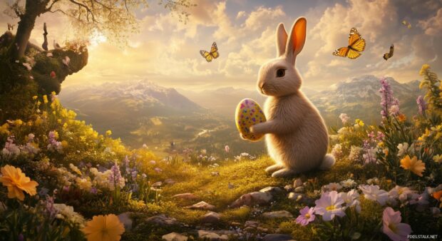 A charming scene of a bunny holding an Easter egg, surrounded by blooming flowers and butterflies, in a field.