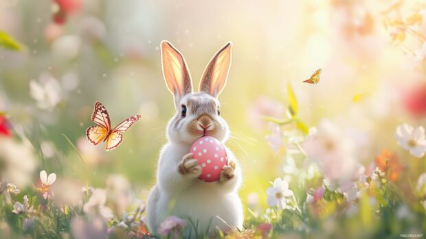 A charming scene of a bunny holding an Easter egg, surrounded by blooming flowers and butterflies, in a field.