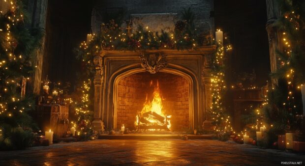 A charming scene of a crackling fireplace with a roaring fire.