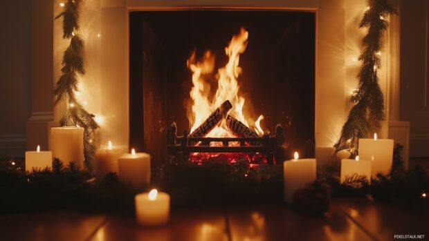 A charming scene of a crackling fireplace with a roaring fire, surrounded by pine branches, candles.