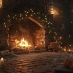 A charming scene of a crackling fireplace with a roaring fire, surrounded by pine branches, candles, and twinkling fairy lights.