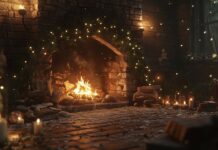 A charming scene of a crackling fireplace with a roaring fire, surrounded by pine branches, candles, and twinkling fairy lights.