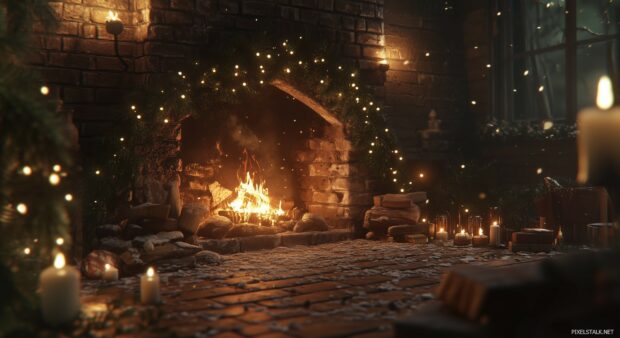 A charming scene of a crackling fireplace with a roaring fire, surrounded by pine branches, candles, and twinkling fairy lights.