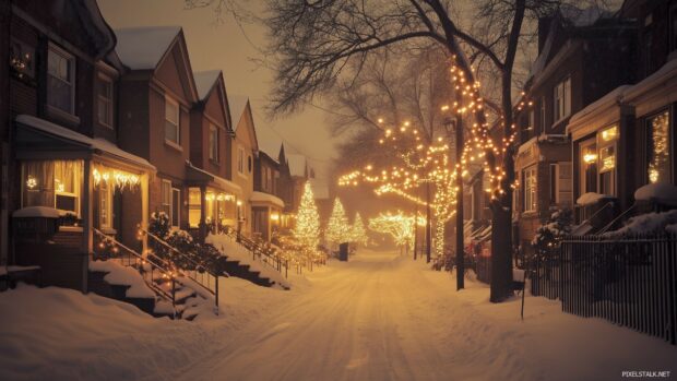 A charming street scene with houses adorned in festive Christmas lights, casting a warm glow on the snow covered ground.