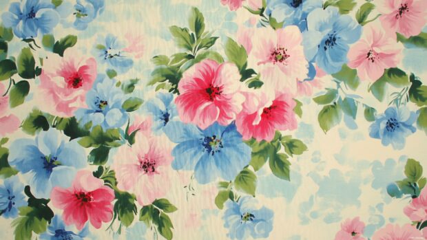 A charming vintage wallpaper design featuring clusters of wild roses in soft hues of pink, blue, and green, reminiscent of a classic garden.