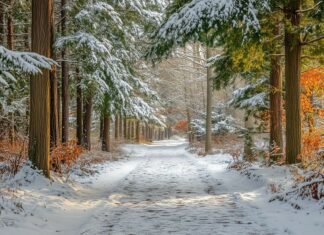 A charming winter forest wallpaper with snow draped trees and a blanket of fresh snow on the ground.