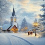 A charming winter landscape featuring an old fashioned church with a steeple, surrounded by snow covered trees and vintage style carolers singing under street lamps (2).