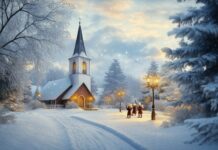 A charming winter landscape featuring an old fashioned church with a steeple, surrounded by snow covered trees and vintage style carolers singing under street lamps (2).