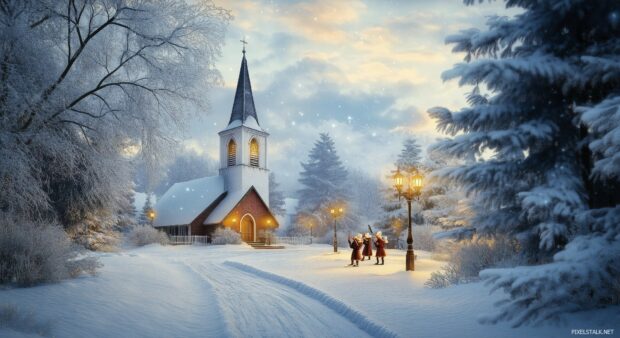 A charming winter landscape featuring an old fashioned church with a steeple, surrounded by snow covered trees and vintage style carolers singing under street lamps (2).