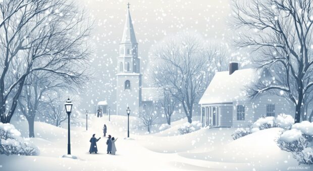 A charming winter landscape featuring an old fashioned church with a steeple, surrounded by snow covered trees and vintage style carolers singing under street lamps (3).