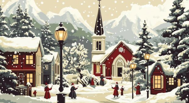 A charming winter landscape featuring an old fashioned church with a steeple, surrounded by snow covered trees and vintage style carolers singing under street lamps (5).