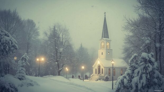 A charming winter landscape featuring an old fashioned church with a steeple, surrounded by snow covered trees and vintage style carolers singing under street lamps.