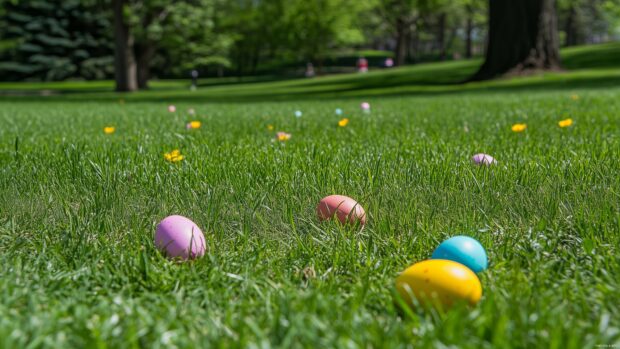 A cheerful Easter Background with colorful eggs scattered in a meadow, with vibrant flowers and green grass, bright spring sunshine.