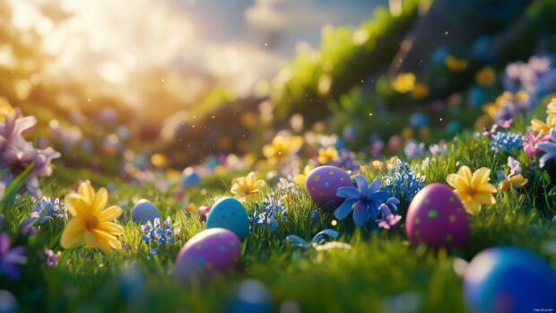 A cheerful Easter Computer Wallpaper with colorful eggs scattered in a meadow, with vibrant flowers and green grass, bright spring sunshine.