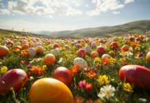 A cheerful Easter Desktop Wallpaper with colorful eggs scattered in a meadow, with vibrant flowers and green grass, bright spring sunshine.