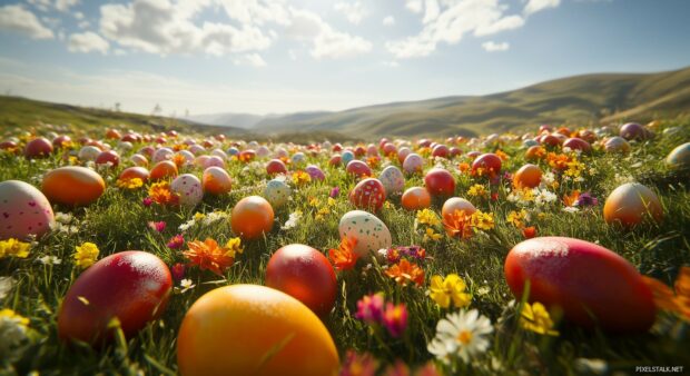 A cheerful Easter Desktop Wallpaper with colorful eggs scattered in a meadow, with vibrant flowers and green grass, bright spring sunshine.